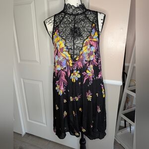 Free People Black Floral Lace-Trim Swing Dress - Black/Pink/Yellow